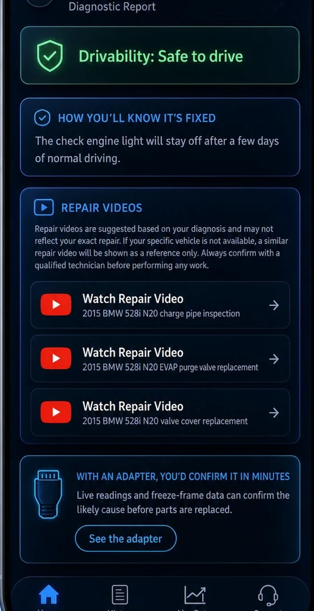 Videos de la reparación exacta para tu auto, con veredicto de si es seguro seguir manejando.