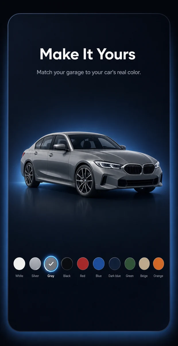 El selector de color del auto abierto sobre el garaje, con diez tonos de pintura.